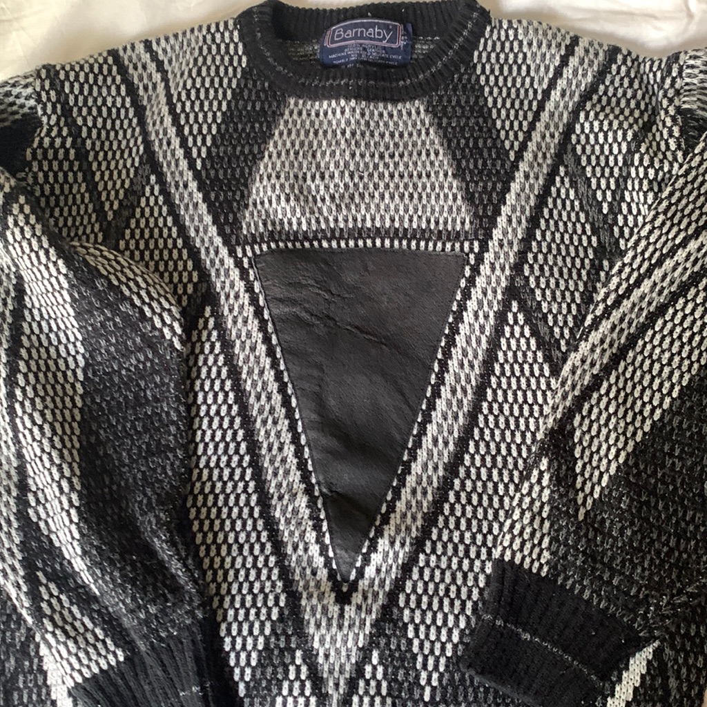Vintage Sweater Black, Gray, White 100% Acrylic And Leather